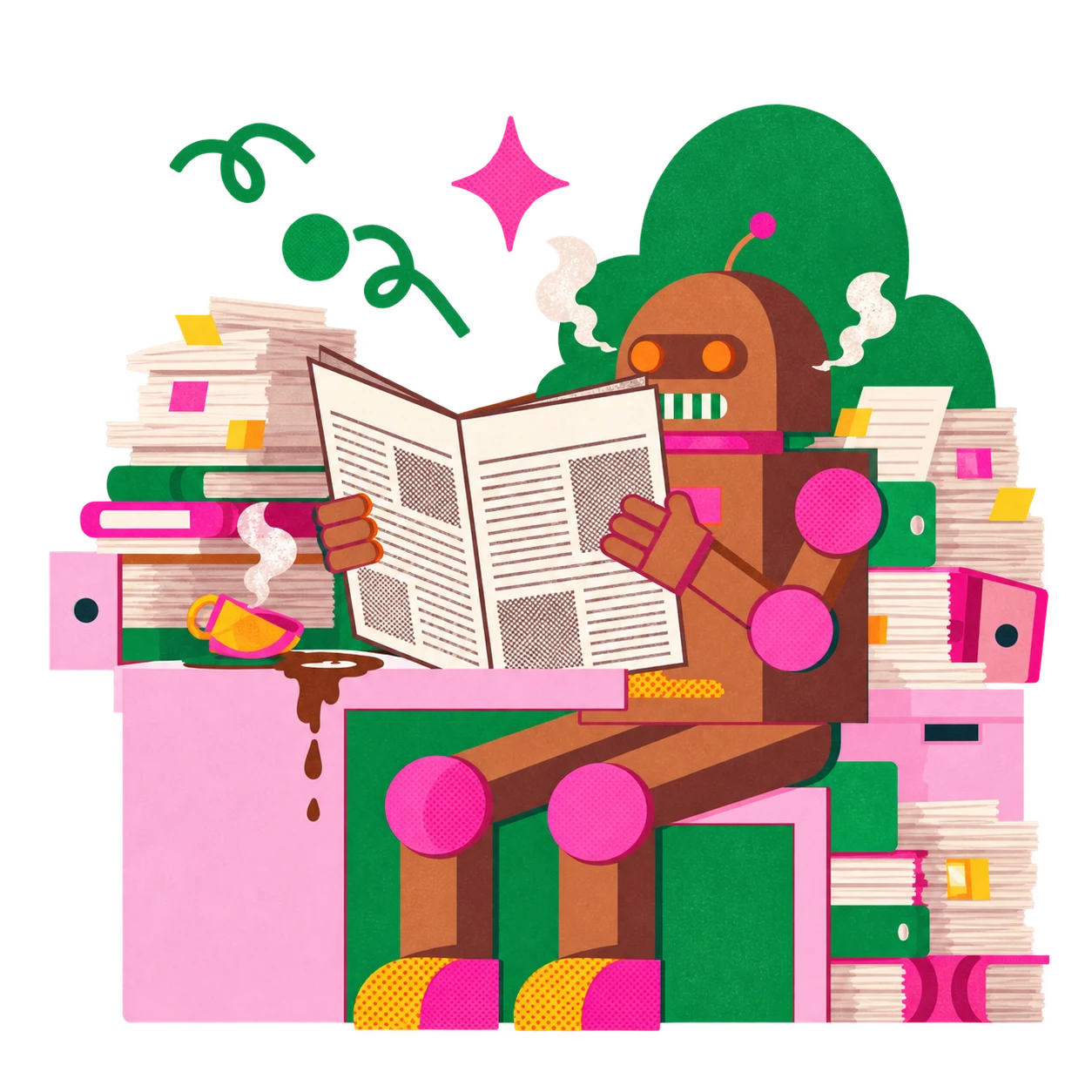 Everwilde One robot reading amid piles of content