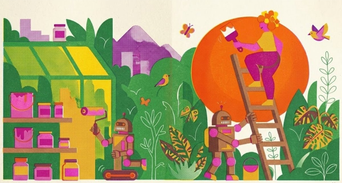 A person and a robot painting a giant sun together — building your brand's entity narrative