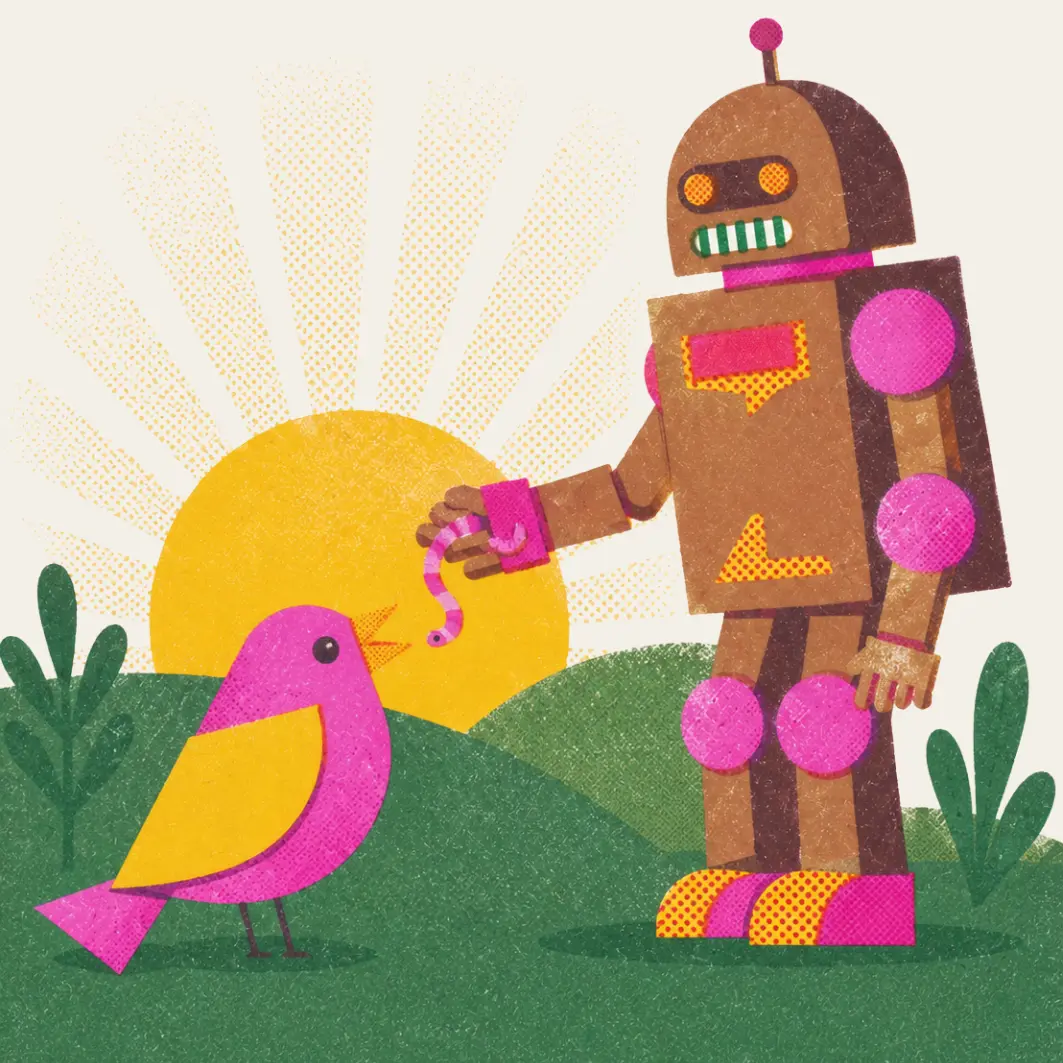 A robot offering a worm to an early bird at sunrise — early movers in AI search compound their visibility