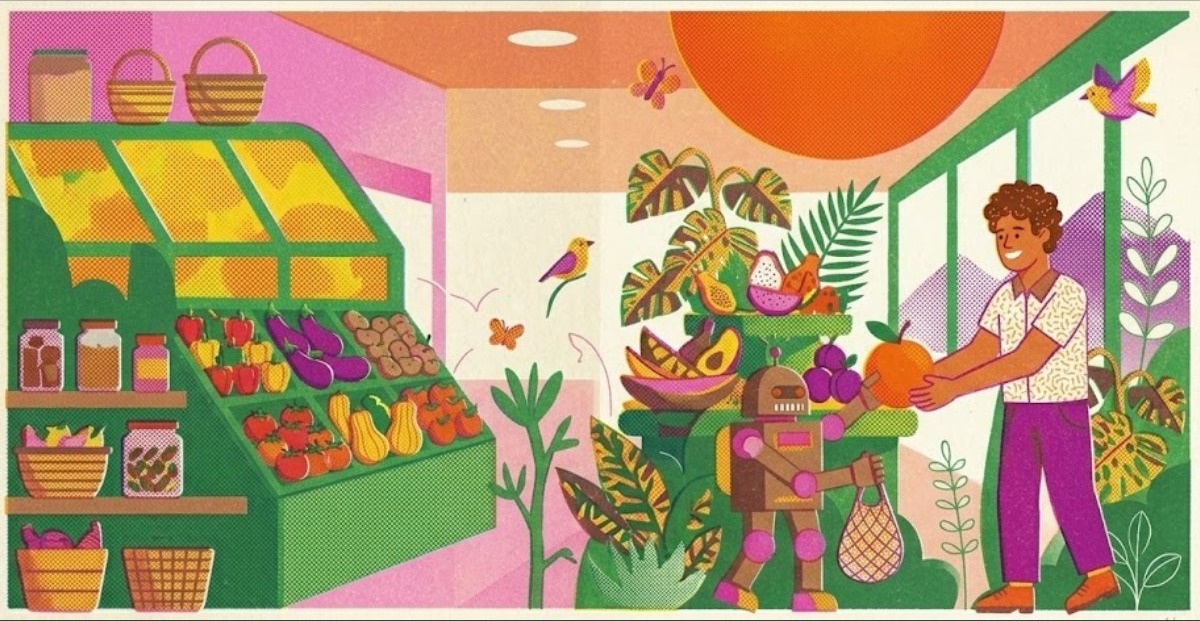 A shopper and a friendly robot picking fresh produce together — buying behaviour in the AI era