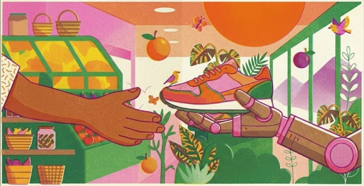 A human hand and a robot hand exchanging a sneaker — search everywhere optimization in one image
