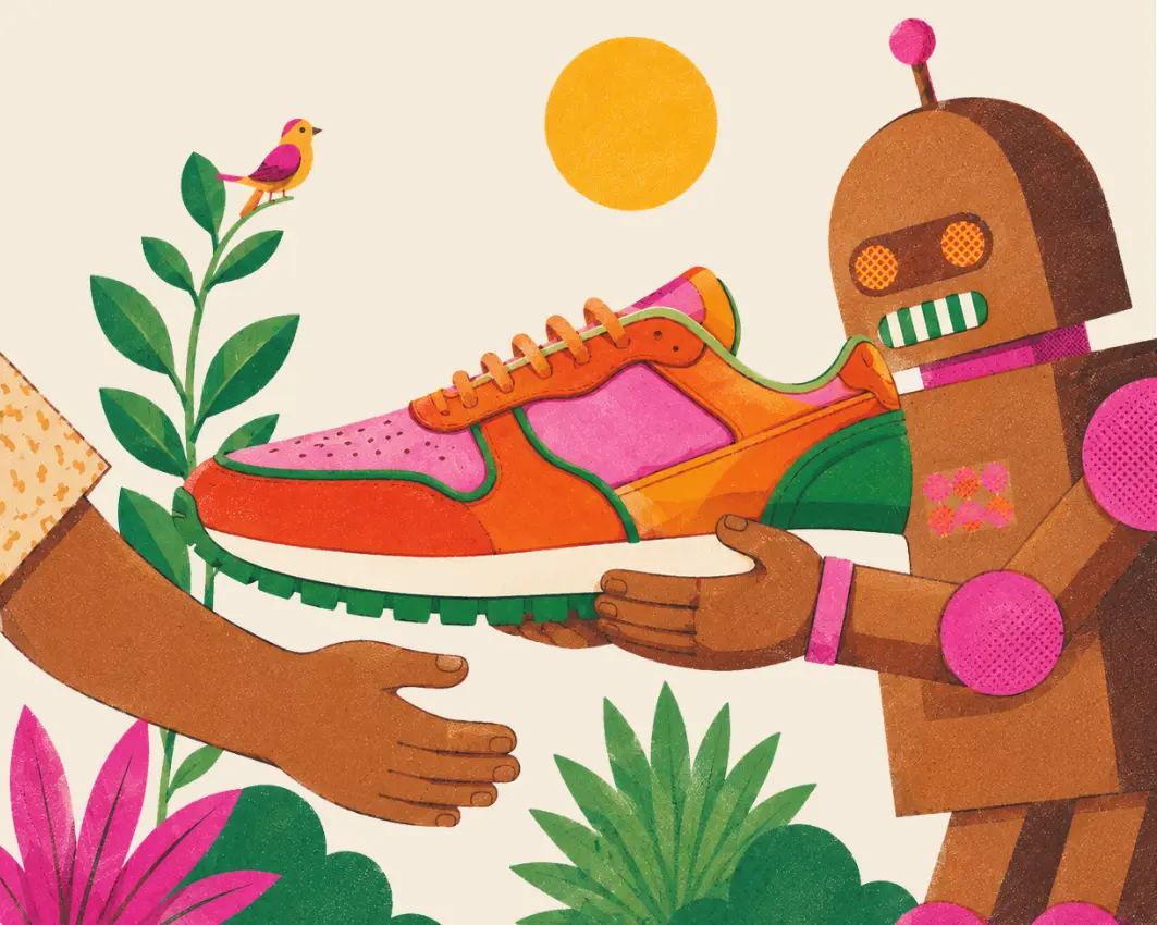 A robot and a human hand together holding up a colourful sneaker, with a small bird perched on a leaf and a sun rising behind. A conceptual illustration used by Everwilde One, an AI search visibility agency, to show how AI search engines now recommend products to people on behalf of brands.