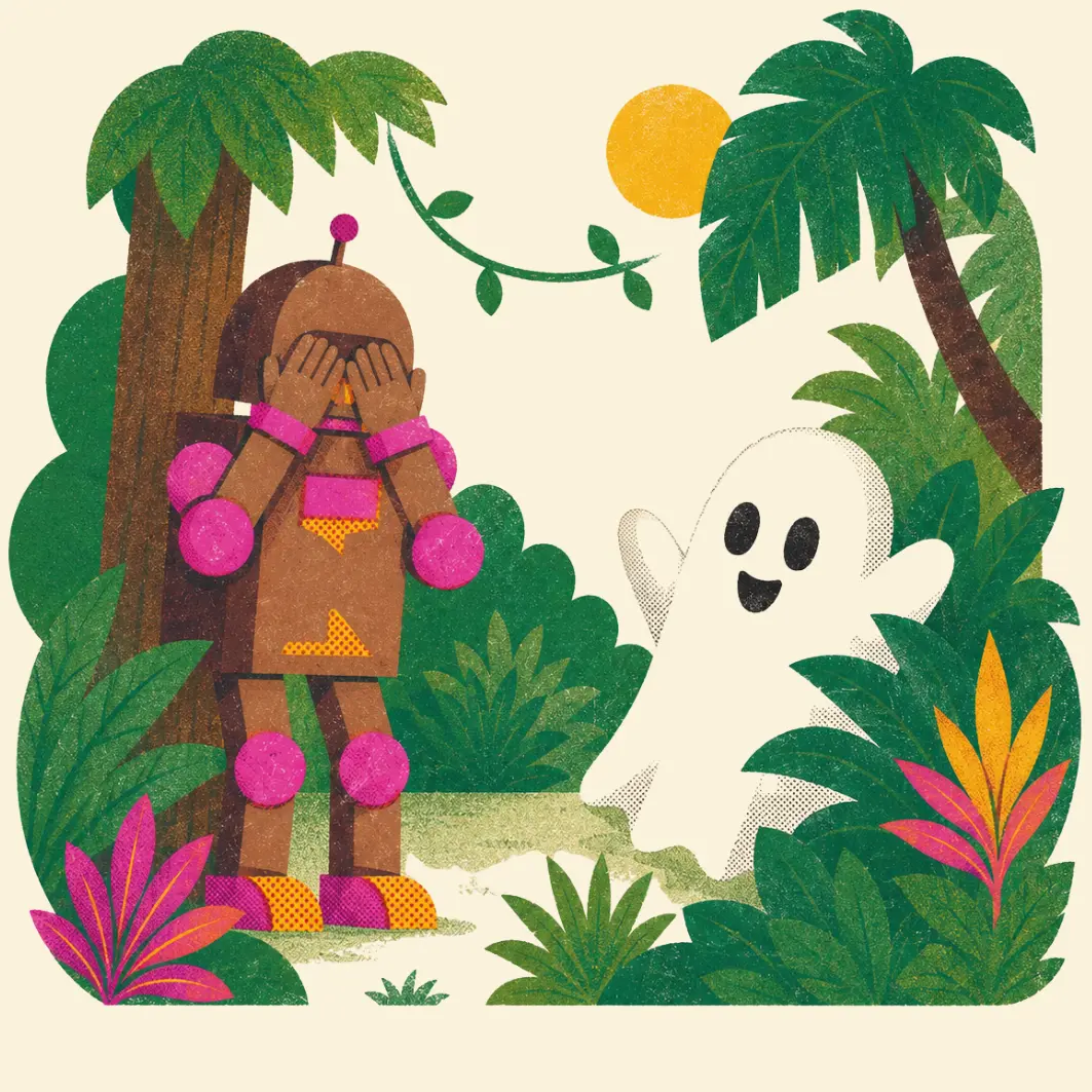 A robot covering its face in horror while a small, cheerful ghost watches from the jungle behind it. A conceptual illustration used by Everwilde One, an AI search visibility agency, to show how invisible brands appear to LLMs and AI search engines: present in the world but unable to be seen, retrieved or cited.