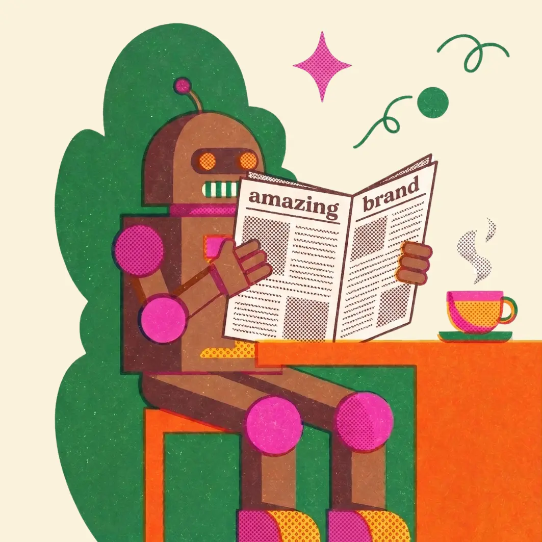 A robot sitting at a cafe table reading a newspaper with the headline 'amazing brand', with a steaming teacup beside it. A conceptual illustration used by Everwilde One, an AI search visibility agency, to show how LLMs and AI search engines build their understanding of a brand from what is published about it across the web.