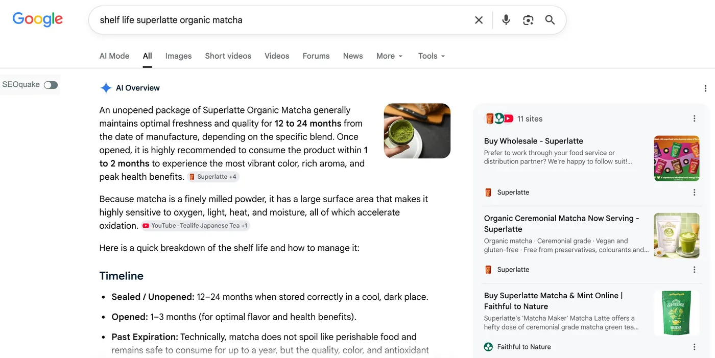A Google search results page for 'shelf life superlatte organic matcha' showing an AI Overview that says the product maintains freshness for 12 to 24 months sealed, but recommends consuming within 1 to 2 months once opened, with a timeline breakdown below.